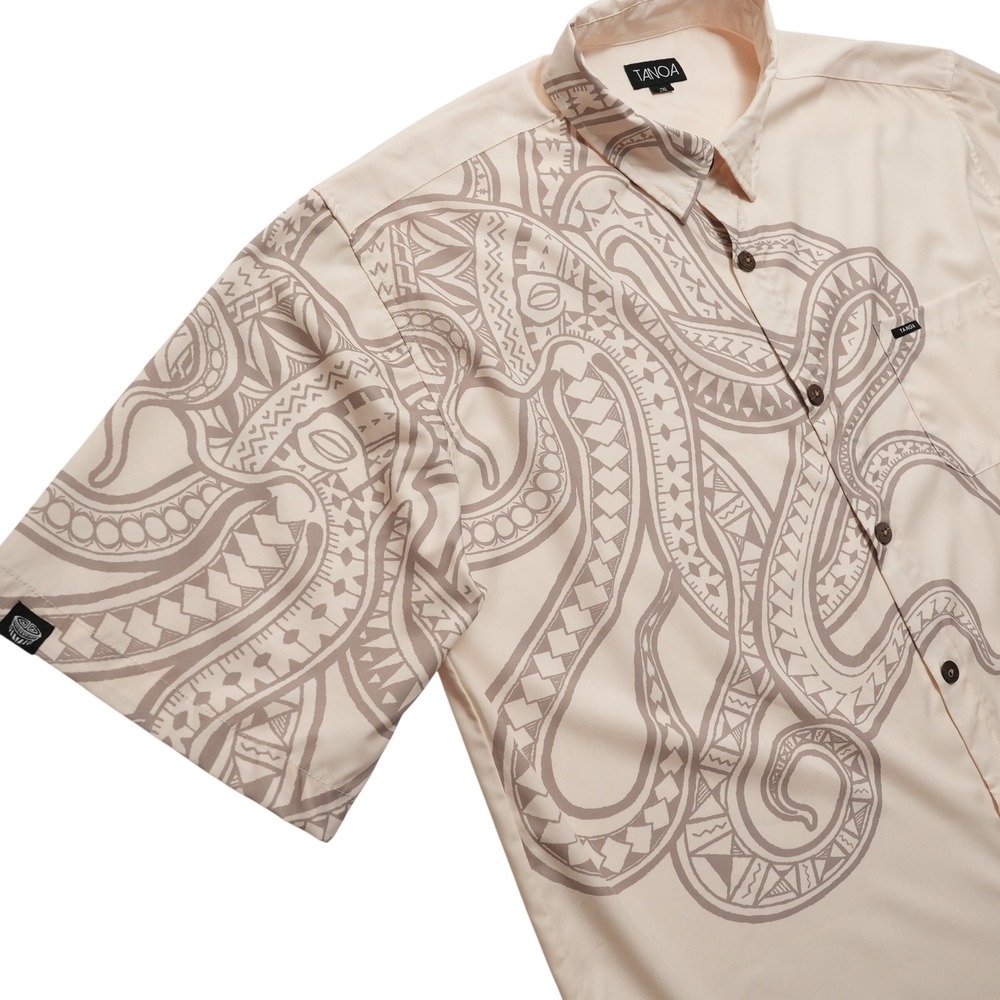 Tanoa Aloha Shirt Mens 2XL Beige Tako Octopus Polynesian Tropical